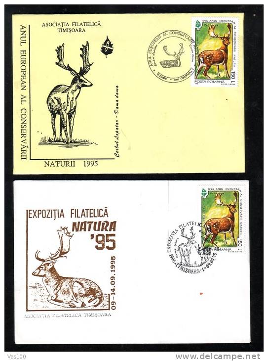 DEER,1995,SPECIAL COVER,TWO COVERS,OBLITERATION CONCORDANTE,ROMANIA - Game