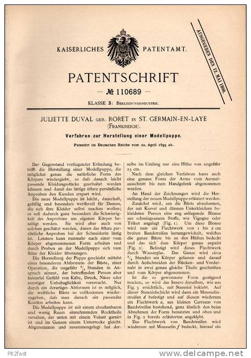 Original Patentschrift - J. Duval In St. Germain En Laye , 1899 , Herstellung Von Puppen , Modellpuppen , Puppe !!! - Puppen