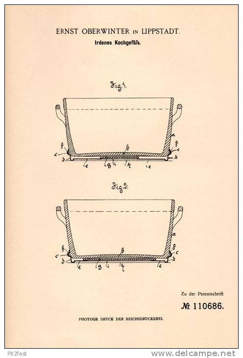 Original Patentschrift - E. Oberwinter In Lippstadt , 1898 , Irdenes Kochgefäß , Kochtopf , Topf !!! - Eisenarbeiten