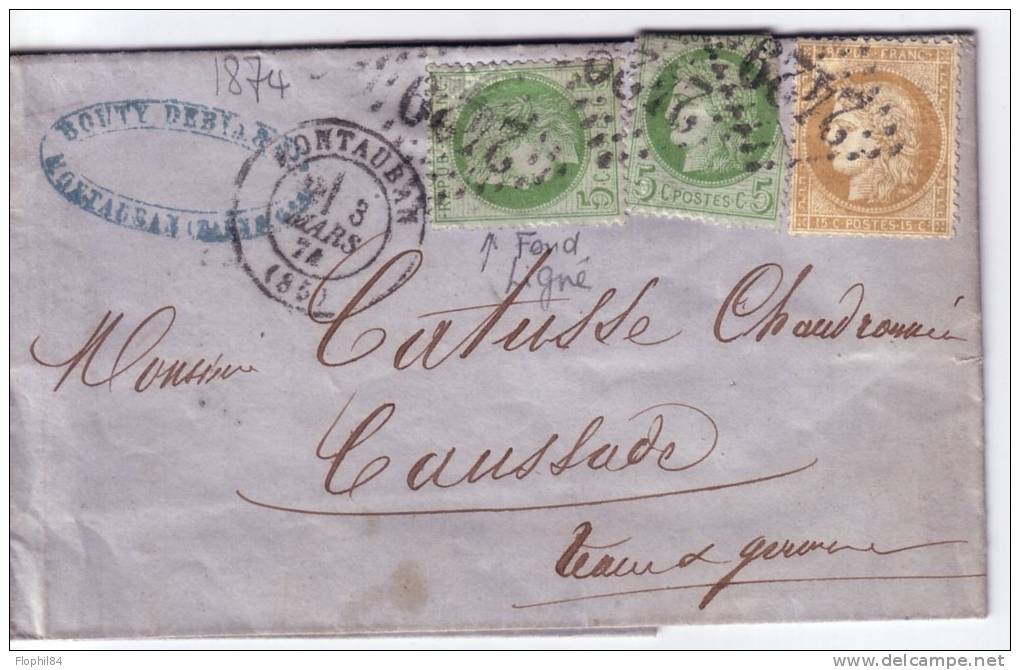 TARN ET GARONNE-MONTAUBAN 3-3-1874  BEL AFFRANCHISSEMENT AVEC CERES-1TIMBRE DEFECTUEUX-LETTRE AVEC TEXTE.. - 1849-1876: Classic Period