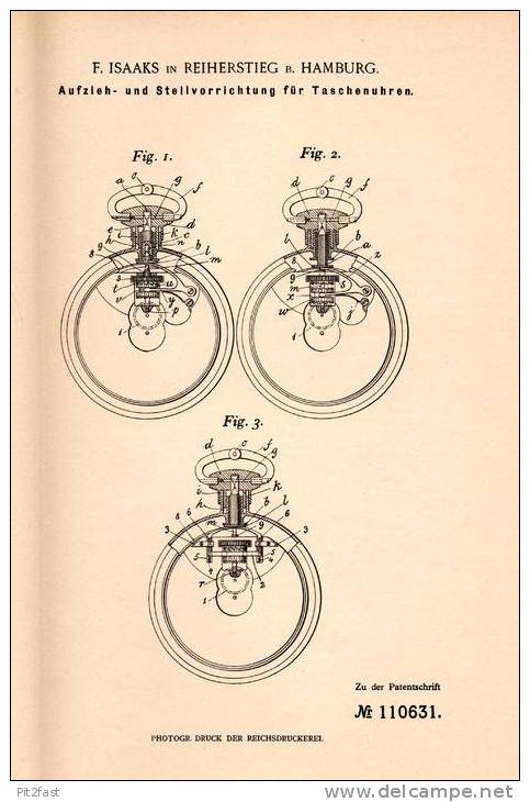 Original Patentschrift - F. Isaaks In Reiherstieg B. Hamburg , 1899 , Aufzieh- Und Stellvorrichtung Für Taschenuhr !!! - Taschenuhren