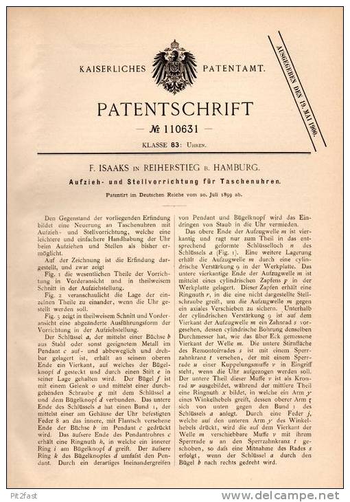 Original Patentschrift - F. Isaaks In Reiherstieg B. Hamburg , 1899 , Aufzieh- Und Stellvorrichtung Für Taschenuhr !!! - Watches: Bracket