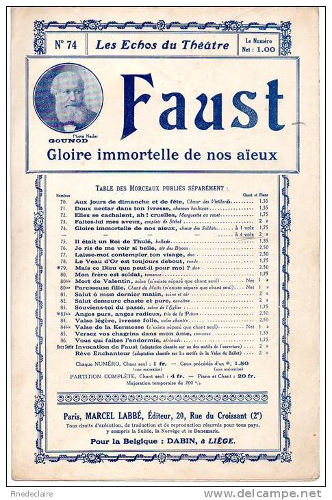 Partition - Les Echos Du Théâtre N°74 - Faust - Glore Immortelle De Nos Aïeux - C. Gounod - Partitions Musicales Anciennes