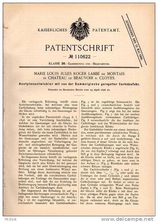 Original Patentschrift - M. Labbé De Montais In Chateau De Beauvoir B. Cloyes , 1898 , Acetylenentwickler !!! - Historische Dokumente