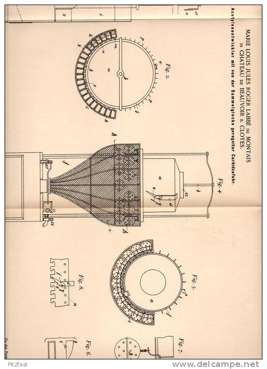 Original Patentschrift - M. Labbé De Montais In Chateau De Beauvoir B. Cloyes , 1898 , Acetylenentwickler !!! - Historische Dokumente