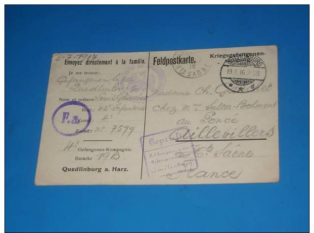 Carte Correspondance Courrier Prisonnier De Guerre WW1 Voir Tampons (aigle) - Documents