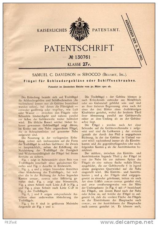 Original Patentschrift - S. Davidson In Sirocco , Belfast , Irland , 1901 , Flügel Für Schiffschraube , Schiff !!! - Other & Unclassified