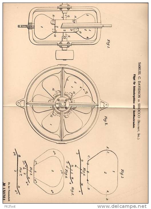 Original Patentschrift - S. Davidson In Sirocco , Belfast , Irland , 1901 , Flügel Für Schiffschraube , Schiff !!! - Autres & Non Classés