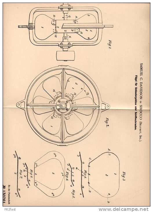 Original Patentschrift - S. Davidson In Sirocco , Belfast , Irland , 1901 , Flügel Für Schiffschraube , Schiff !!! - Otros & Sin Clasificación