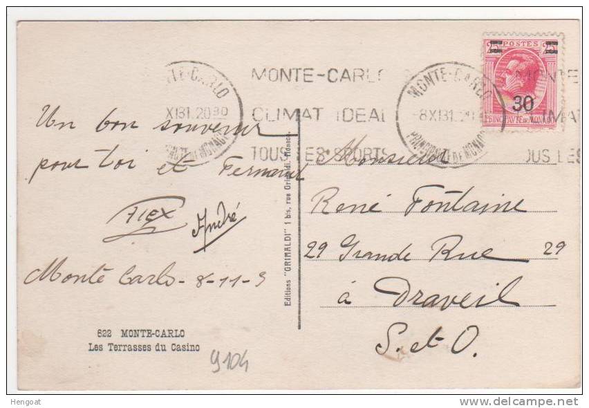 Beau Timbre Yvert N° 104 Seul / Carte Du 8 XI 31 Pour  La France - Covers & Documents