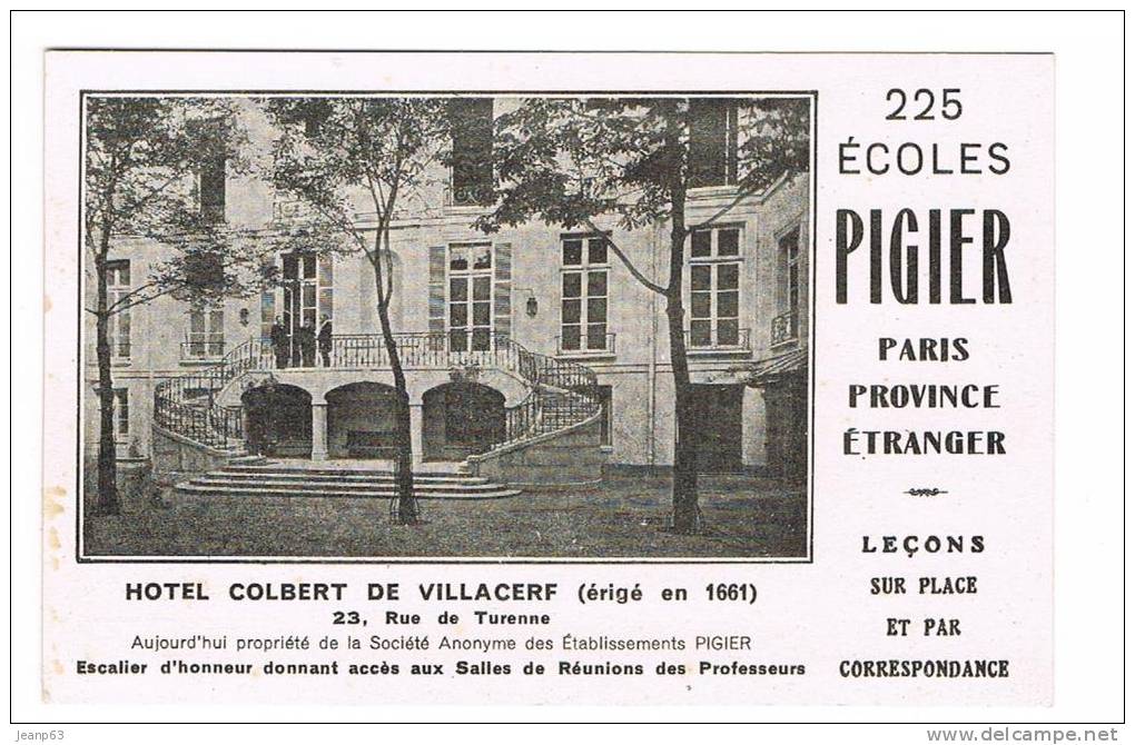 ECOLE PIGIER  Hôtel Colbert De Villacerf  23, Rue De Turenne.....(voir Verso) - Onderwijs, Scholen En Universiteiten