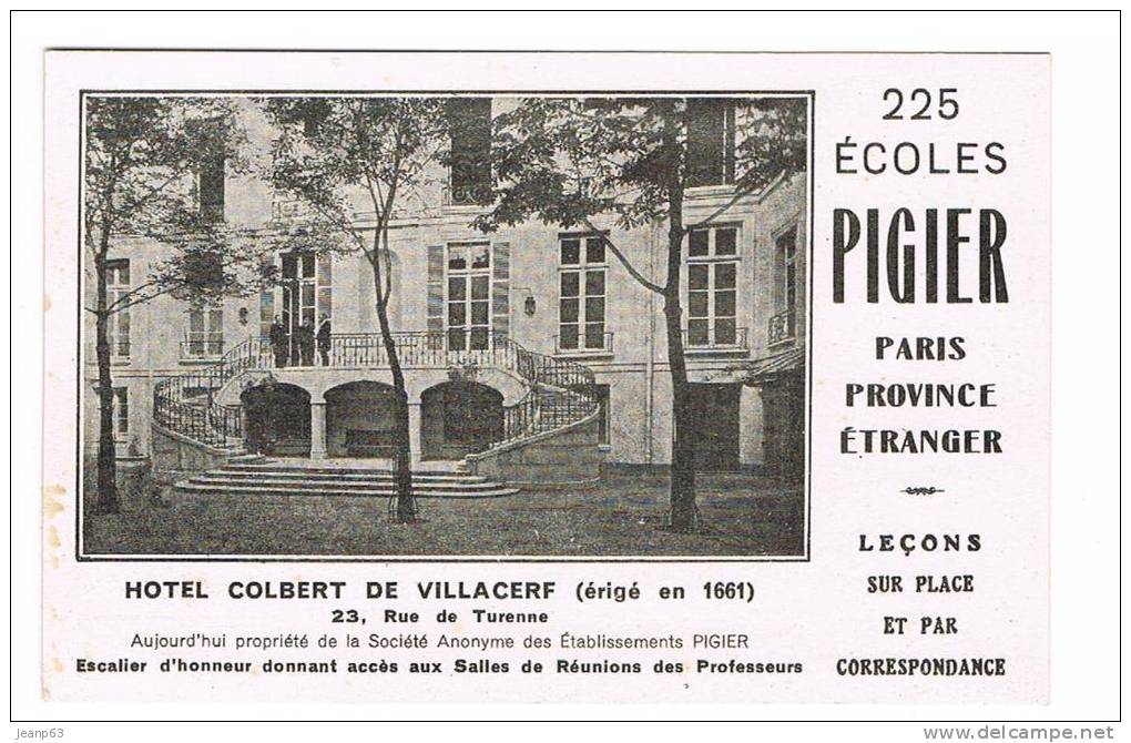 ECOLE PIGIER  Hôtel Colbert De Villacerf  23, Rue De Turenne.....(voir Verso) - Enseignement, Ecoles Et Universités