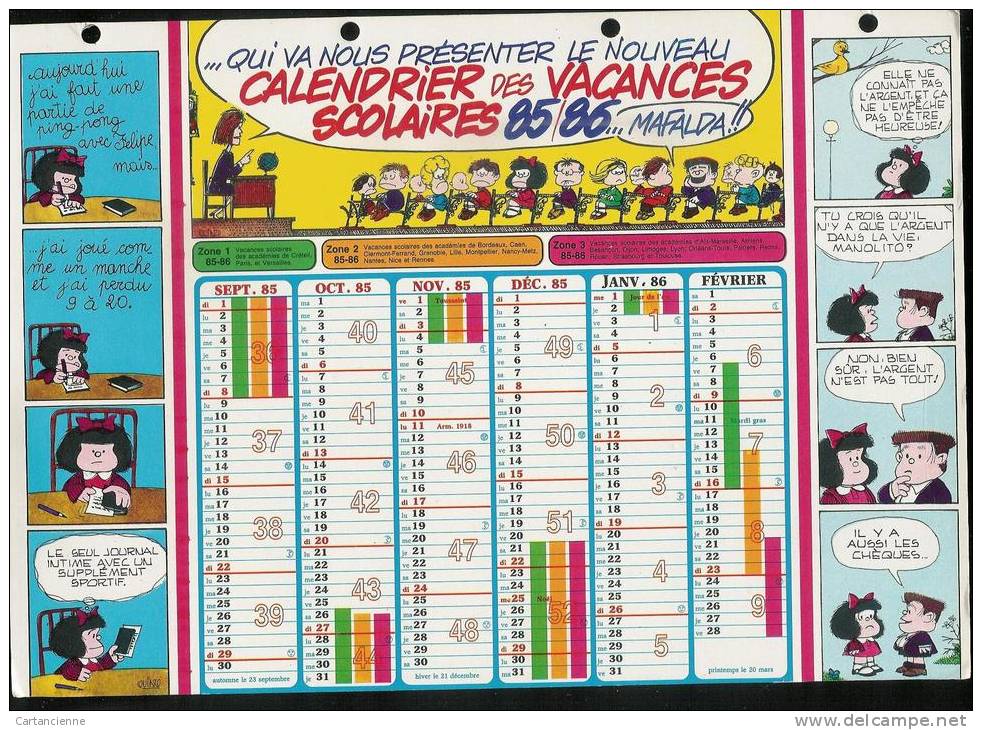 CALENDRIER  Vintage 1985 - 1986 - MAFALDA Par Quinto - Bande Déssinée - Grand Format : 1981-90