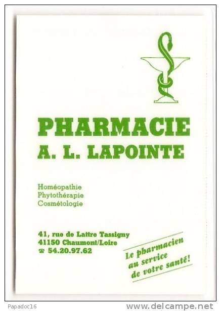 Mini-calendrier Plastifié 1991 - Pharmacie A. L. Lapointe - Chaumont-sur-Loire - Petit Format : 1991-00