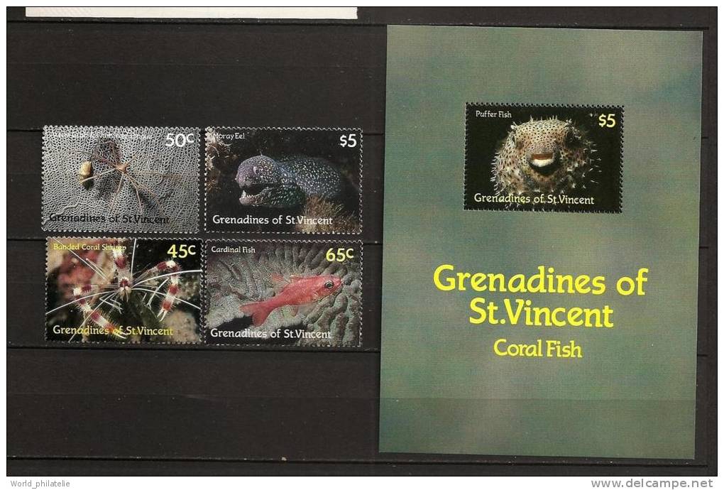 Saint Vincent Grenadines 1987 N° 528 / 31 + BF 19 ** Poissons, Corail, Diodon, Crevette, Crabe-flèche, Murène, Cardinal - St.Vincent E Grenadine