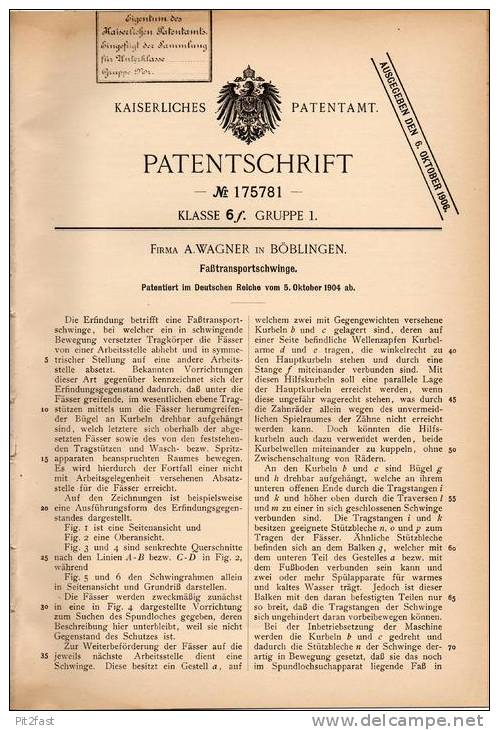 Original Patentschrift - Fa. A. Wagner In Böblingen , 1904 , Faßtransportschwinge , Fass , Fässer , Bierfaß !!! - Historische Dokumente