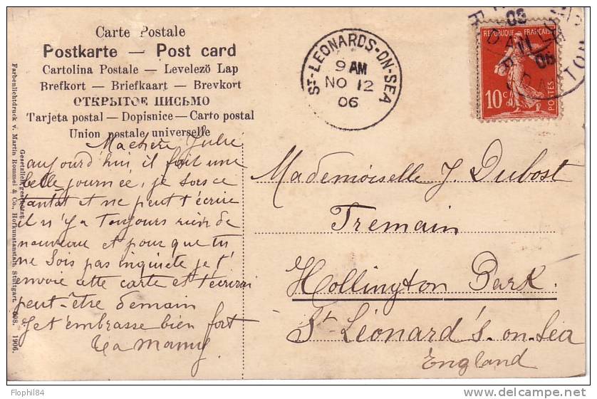 SEMEUSE AVEC SOL N°134 SEUL SUR CARTE POSTALE POUR ST LEONARD ON SEA GRANDE BRETAGNE LE 12-11-1906. - 1877-1920: Période Semi Moderne