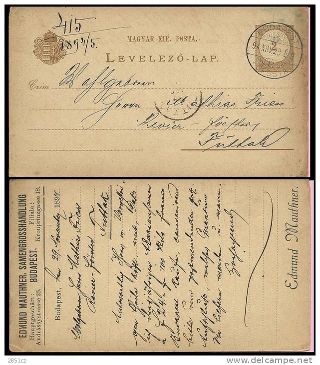 LEVELEZO-LAP, EDMUND MAUTHNER, SAMENGROSSHANDLUNG, Budapest - Futtak, 1894., Hungary, Carte Postale - Covers & Documents