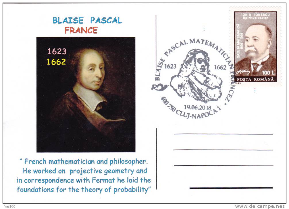 BLAISE PASCAL MATHEMATICIAN FRANCH,2008,SPECIAL POST CARD,ROMANIA - Martin Luther King