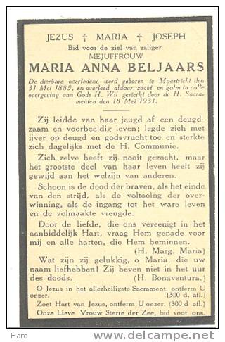 Dodsprentje Mejuffrouw Maria Anna BELJAARS - Maastricht 1885/1931 (sf65) - Birth & Baptism