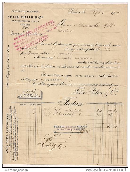 ### Facture , FELIX POTIN & Cie , 1904 , Paris , Frais Fr : 1.55€ , Cee : 1.80€ , Monde : 2.80€ - Lebensmittel