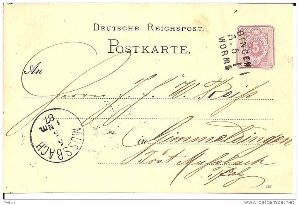 EL115/ ESLASS -  / Bahnpost 3-zeiler Bingen-Worms 1887 (Mussbach) - Autres & Non Classés