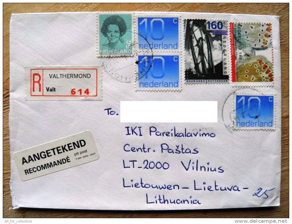 Cover Sent From Netherlands To Lithuania, Registered, On 1993, Valthermond, Butterfly, Europa Cept Rotterdam - Covers & Documents