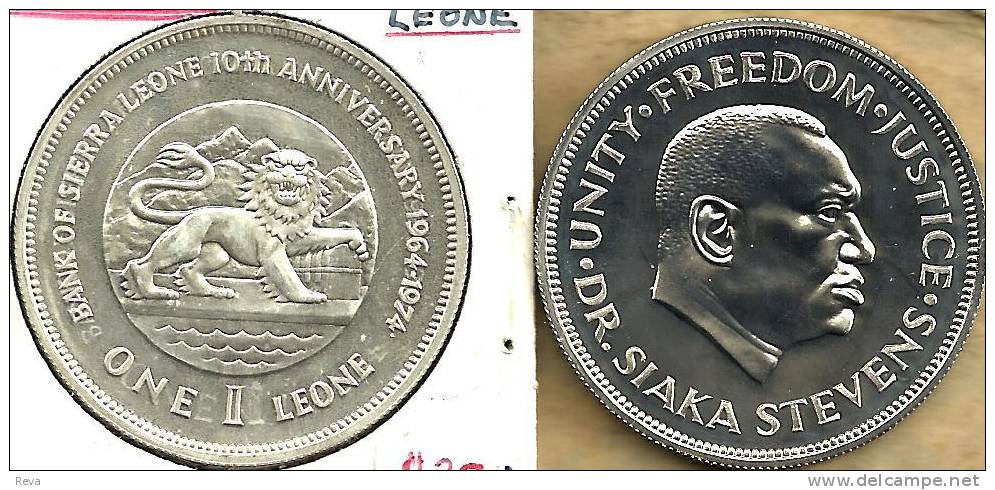 SIERRA LEONE $1 LEONE LION ANIMAL FRONT MAN HEAD BACK 1974 AG SILVER  UNC KM26a READ DESCRIPTION CAREFULLY!! - Sierra Leone