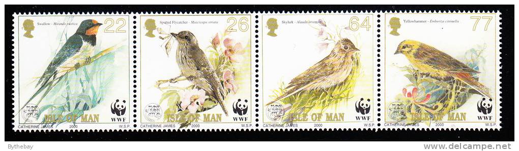 Isle Of Man MNH Scott #860 Strip Of 4 Swallow, Spotted Flycatcher, Skylark, Yellowhammer - Birds - WWF Emblem - Hirondelles