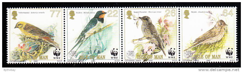 Isle Of Man MNH Scott #860 Strip Of 4 Swallow, Spotted Flycatcher, Skylark, Yellowhammer - Birds - WWF Emblem - Man (Ile De)