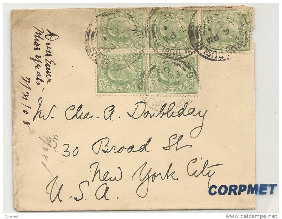 IRELAND - EIRE - VF 1908 COVER From DUBLIN  To NEW YORK - Strip Of 5 Of King Edward VII - Other & Unclassified