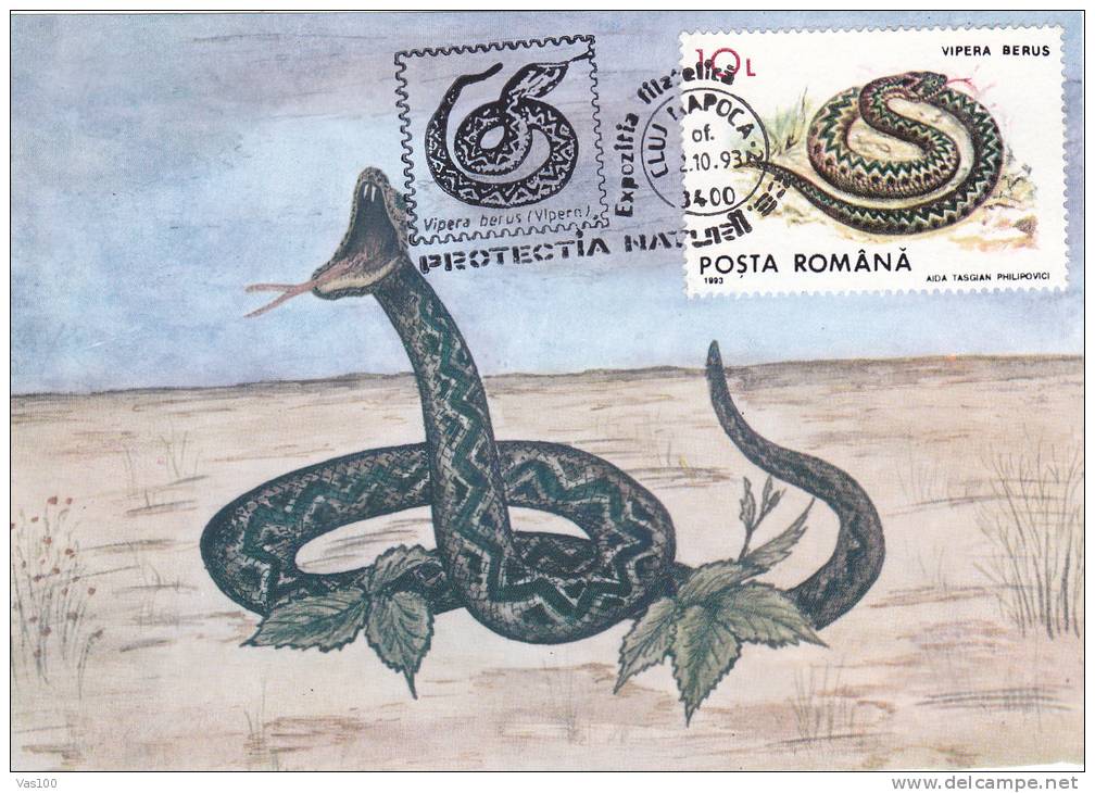 SERPENTS,EXPEDITION PHILATELIC,CM,CARTE MAXIM,MAXIM CARD,1993,ROMANIA - Snakes