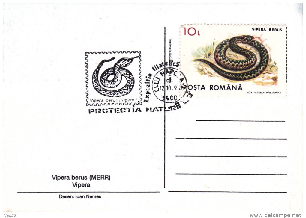 SERPENTS,EXPEDITION PHILATELIC,CM,CARTE MAXIM,MAXIM CARD,1993,ROMANIA - Snakes