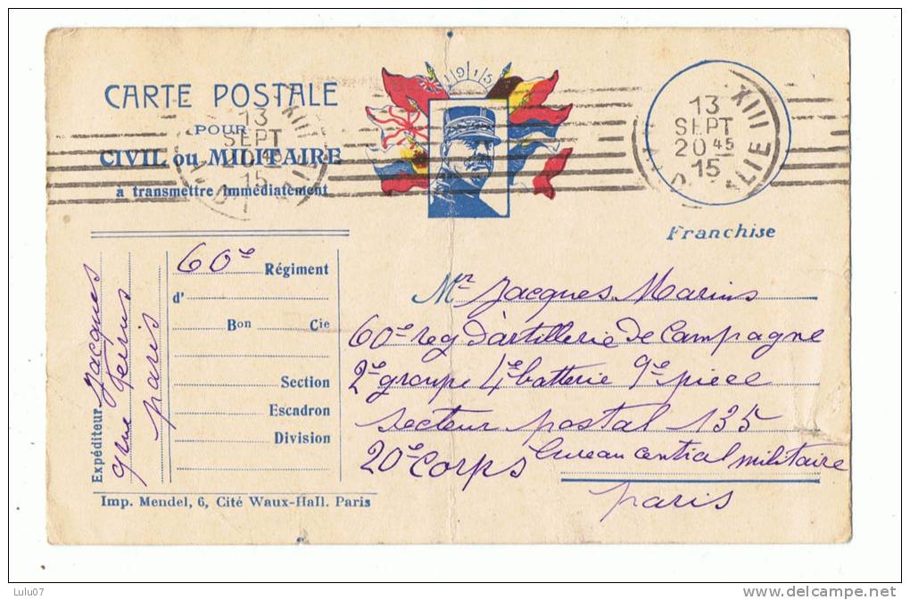 Courrier Miltaire       60 Ieme  Régiment  1915 - Reggimenti