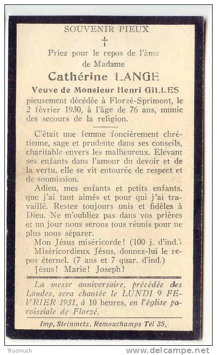 D6505 - Souvenir De Décès - Cathérine LANGE Veuve Henri GILLES - Florzé - Sprimont - Todesanzeige