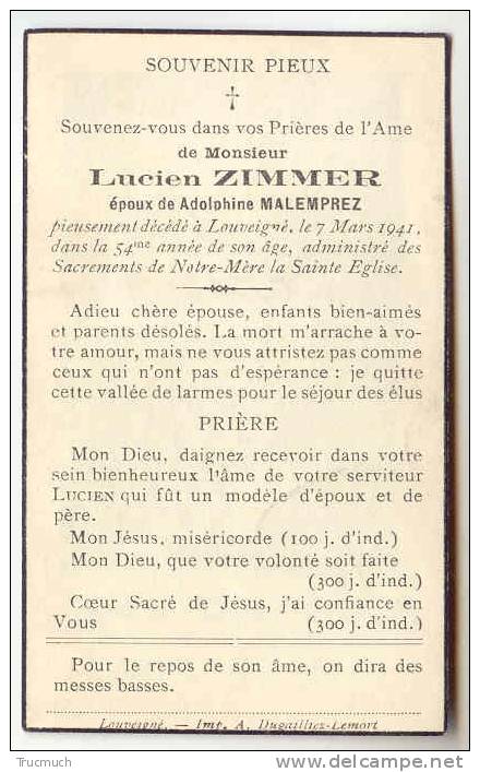 D6506 - Souvenir De Décès - Lucien ZIMMER époux Adolphine MALEMPREZ - Louveigné - Todesanzeige