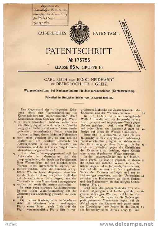 Original Patentschrift - C. Roth In Obergrochlitz B. Greiz , 1905 , Kartenzylinder Für Jaquardmaschinen !!! - Historische Dokumente