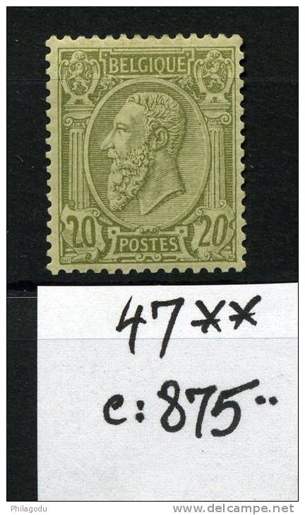 47 ** 20c Olive Neuf Gomme Originale    Cote 2015=   975 E   Bon Centrage - 1884-1891 Leopoldo II