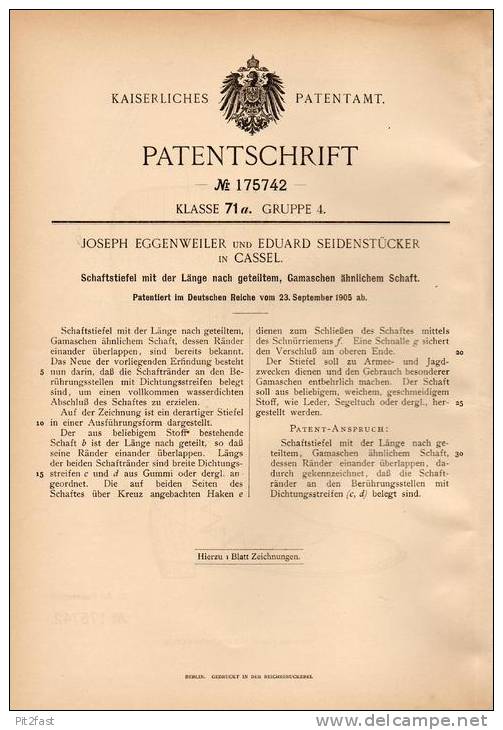 Original Patentschrift - J.Eggenweiler In Cassel , 1905 , Geteilte Schaftstiefel Wie Gamaschen , Schuhe , Schuster !!! - Zapatos