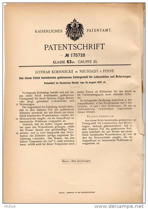 Original Patentschrift - L. Koennecke In Neustadt B. Pinne , 1905 , Gestell Aus Gußeisen Für Lokomobile Und Motorwagen - Sonstige & Ohne Zuordnung