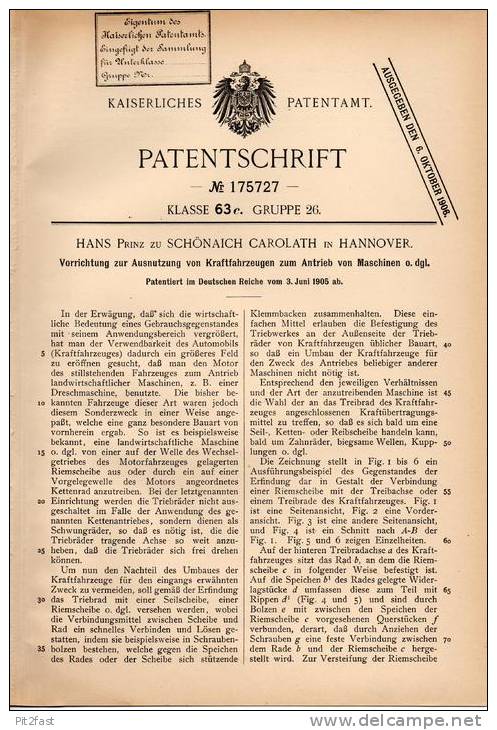 Original Patentschrift - Hans Prinz Zu Schönaich Carolath In Hannover , 1905 , Antrieb Für Automobile !!! - Sonstige & Ohne Zuordnung