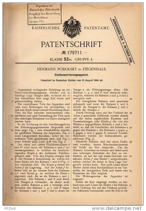 Original Patentschrift - H. Podolsky In Ziegenhals , 1904 , Konservierungsapparat Für Eier , Ei !!! - Oeufs