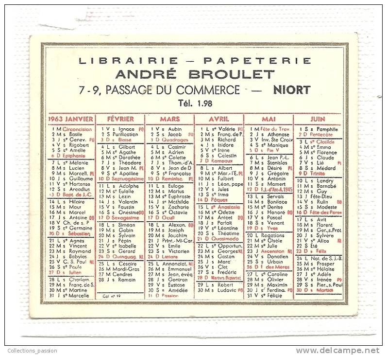 Calendrier, Librairie - Papeterie ANdré Broulet - Niort (79) - 1963 - Kleinformat : 1961-70