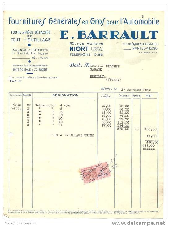 Factures, E. Barrault - Fournitures Générales En Gros Pour L´Automobile - Poitiers (86) - 1948 - Auto's