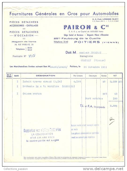 Factures, Pairon &amp; Cie - Poitiers (86) - 1951 - Cars