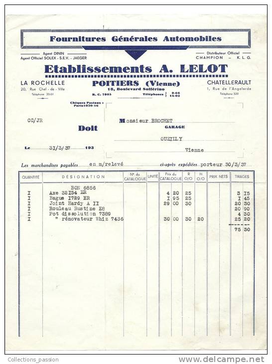 Factures, Ets A. Lelot - Fournitures Générales Automobiles - Poitiers (86) - 1937 - Automobile