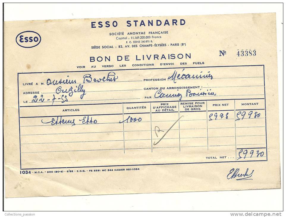 Bon De Livraison, ESSO Standard - Paris (75) - 1955 - 1950 - ...