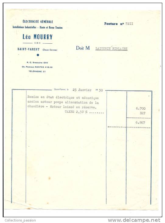 Factures, Léo Mourry - Electricité Générale - Saint-Varent (79) - 1950 - Electricité & Gaz