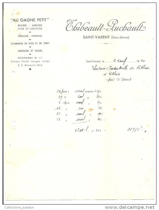 Factures, "Au Gagne Petit" - Epicerie, Mercerie... -  Saint-Varent (79) - 1940 - Levensmiddelen