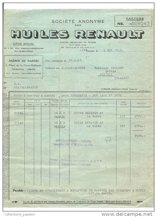 Factures, Sté Anonyme Des Huiles Renault - Nantes (44) - 1953 - 1950 - ...